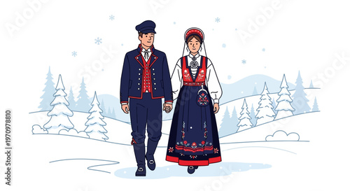 Couple in Traditional Norwegian Bunad walking in snowy landscape