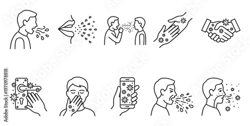Set of line art icons illustrating methods of coronavirus transmission and prevention, including coughing, sneezing, touching surfaces, and shaking hands.