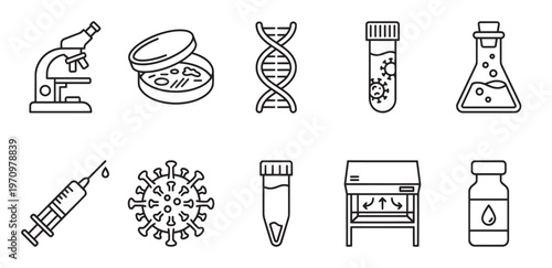 A collection of clean black line art icons depicting medical and science laboratory equipment and research symbols.