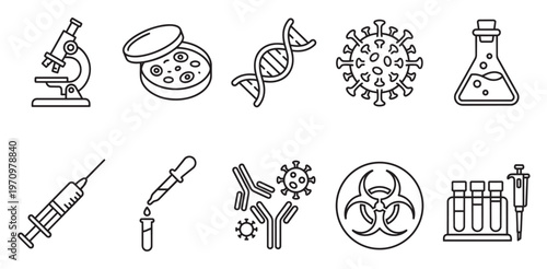 A collection of black line art icons representing science and medical research, including a microscope, petri dish, DNA, virus, flask, syringe, pipette, antibodies, biohazard symbol, and test tubes.