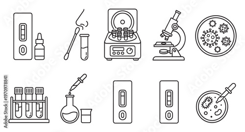 This clean line art icon set depicts essential laboratory equipment for medical research and healthcare diagnostics, including test strips, microscopes, and petri dishes.