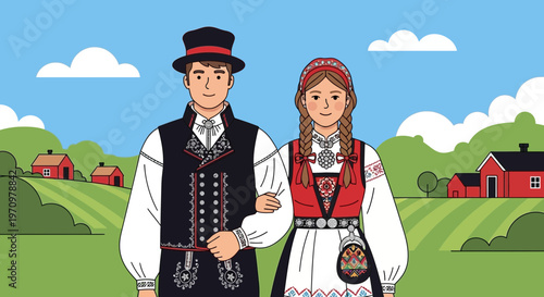 Couple in Traditional Norwegian Folk Costumes Walking in a Rural Landscape