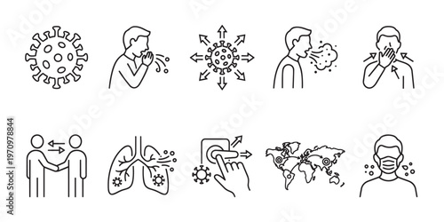 A collection of line art icons illustrating virus spread and prevention measures including transmission, symptoms, respiratory health, social distancing, and global impact.