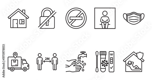 Set of outline icons illustrating public health measures and preventative actions against the coronavirus pandemic, including social distancing, hygiene, and testing.