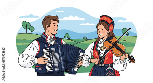 Folk musicians playing accordion and violin in traditional costumes, rural landscape