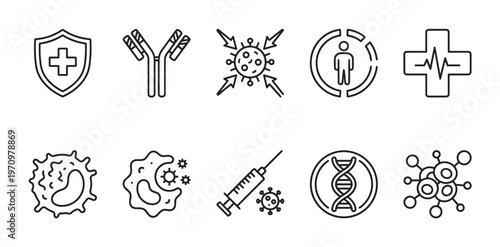 A collection of thin line icons representing medical science, including immunity, biotechnology, and healthcare, presented on a clean white background.