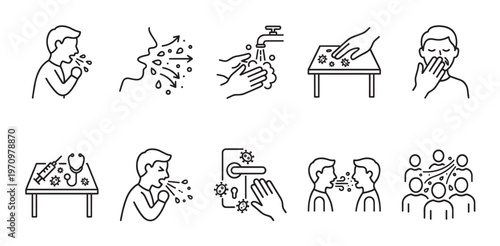 Collection of simple line art icons depicting health and safety measures against viruses, including hand washing, sneezing, coughing, and social distancing.