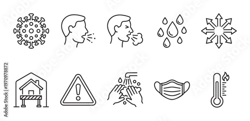 A clean, minimalist collection of line art icons depicting coronavirus, sneezing, germ spread, hand washing, medical mask, and fever thermometer.