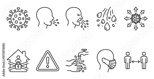 A collection of simple line art icons illustrating ways to prevent the spread of Covid 19 including washing hands, wearing masks, social distancing, and quarantine.