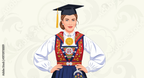 Graduation Woman in Norwegian Bunad and Cap