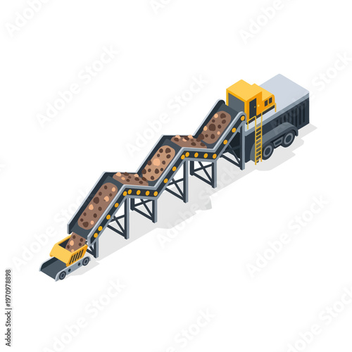 Isometric Conveyor Belt System Loading Materials into a Truck.