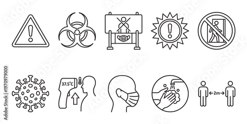 A collection of line art icons illustrating safety measures and warnings related to the coronavirus pandemic, including social distancing and hygiene.