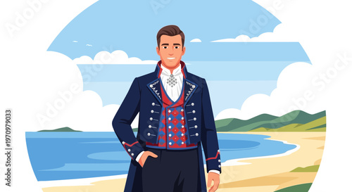 Man in Traditional Norwegian Bunad on Coastal Landscape