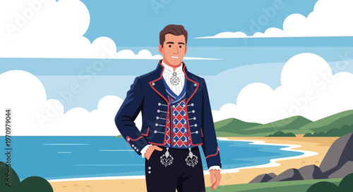 Man in Traditional Norwegian Bunad on a Coastal Landscape