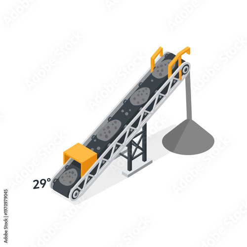 Isometric Conveyor Belt System with Rocks and 29 Degree Incline.
