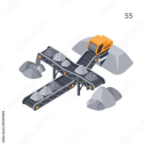 Isometric Conveyor Belt System with Rocks and Mining Equipment.