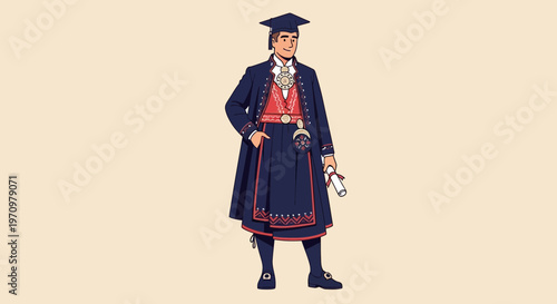 Man in traditional Norwegian bunad with diploma, graduation celebration