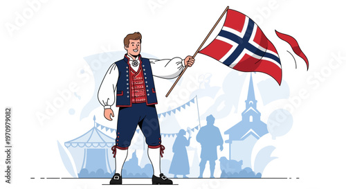 Man in traditional Norwegian costume holding flag at festival with church and tents