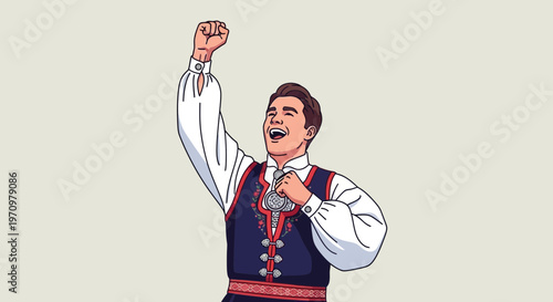 Man in traditional Norwegian costume celebrating with fist raised