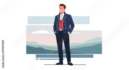 Man in Traditional Norwegian Bunad Standing in a Mountain Landscape
