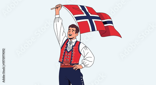 Man in traditional Norwegian costume waving flag