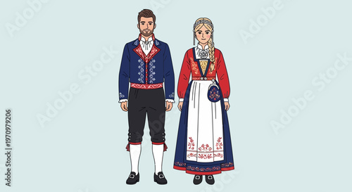 Norwegian Couple Traditional Folk Costumes Bunad Illustration