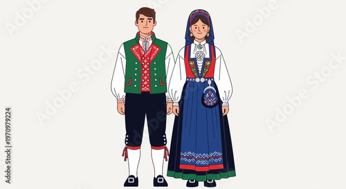 Norwegian Couple in Traditional Folk Costumes (Bunad)