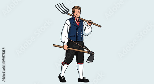 Norwegian farmer in traditional costume with pitchfork and hoe