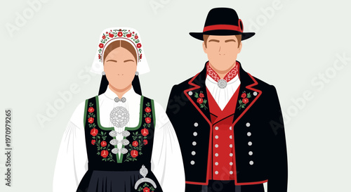 Norwegian Traditional Folk Costumes: Bunad Couple Illustration