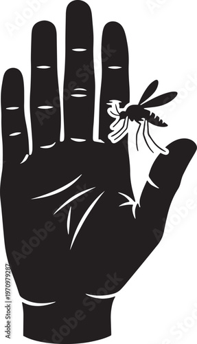 Mosquito on human hand silhouette isolated on transparent background representing insect bite danger and disease transmission vector
