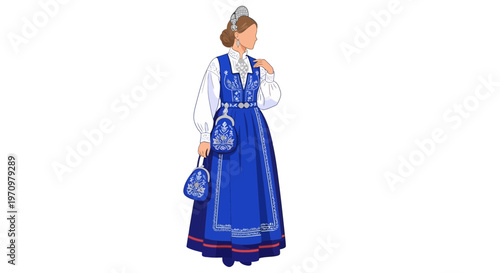 Norwegian woman in traditional blue bunad costume with embroidery and accessories