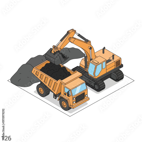 Isometric illustration of an excavator loading a dump truck with dirt.
