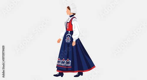 Norwegian woman in traditional folk costume, bunad, walking illustration