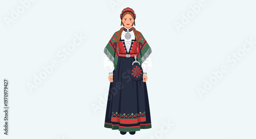 Traditional Norwegian Bunad Costume Woman Illustration