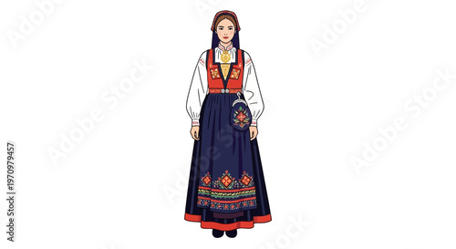 Traditional Norwegian Folk Costume Bunad Woman Illustration