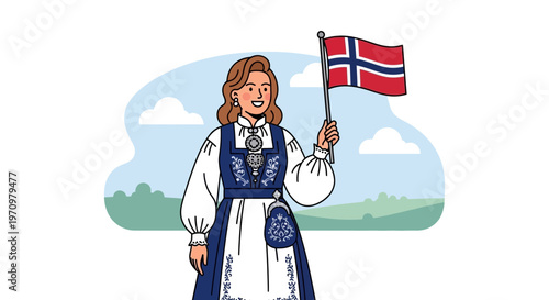 Woman in Norwegian Bunad holding Norwegian flag