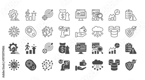 modern business technology icon collection. containing strategy, growth, target, profit, dashboard, analytics, chart, report, ai, automation, algorithm, payment, wallet, cloud, database, security.