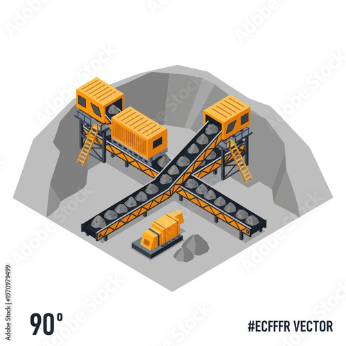 Isometric Mining Quarry with Conveyor Belts and Crushing Equipment.