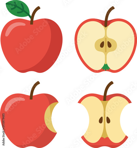 Four red apples with different levels of being bitten into