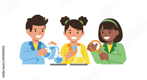 Three diverse children in colorful lab coats are enthusiastically conducting science experiments with various flasks, liquids, and a magnifying glass.