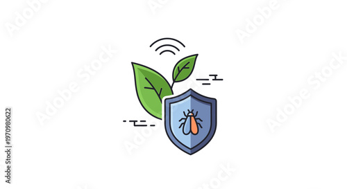 Shield with bug and green leaves.