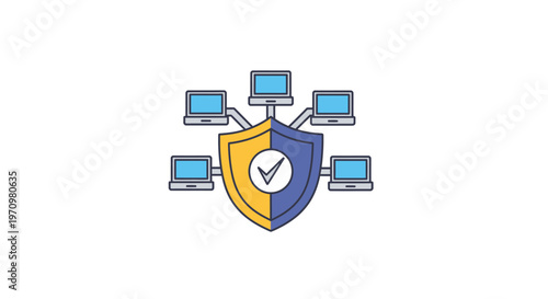 Shield with computers and clock icon.