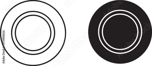 Minimalist dinner plate vector icons, ceramic dish top view symbols, black and white porcelain tableware set for restaurant menu design isolated PNG with Transparent Background