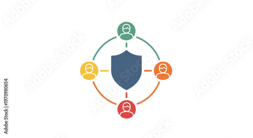 Shield with connected people icons online.