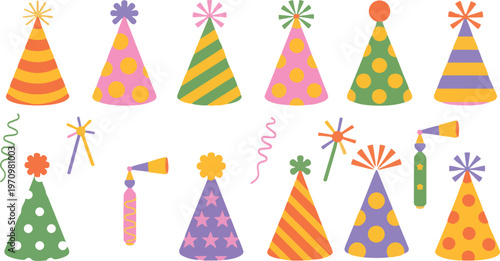 Hand drawn birthday party hats and doodle party blowers horns set vector illustration isolated on transparent background. Childish, kids design elements with colorful dots and stripes