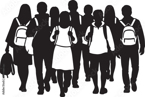 Group of students walking together carrying backpacks and bags