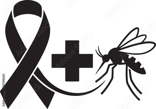 Black silhouette of awareness ribbon medical cross plus symbol and mosquito insect icons on transparent background for health campaign and prevention