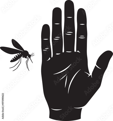 Human hand palm reaching out next to a mosquito insect silhouette icon representing skin protection from bites and repellent application for safety