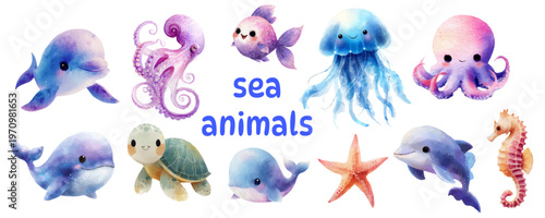 Ocean life watercolor collection with cute cartoon sea animals. Whales, seahorses, starfish, and shells illustrated in gentle coastal colors for beach-inspired artwork.