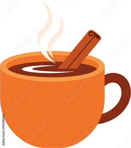 A steaming orange mug filled with a warm, comforting beverage, enhanced with a fragrant cinnamon stick, symbolizing cozy relaxation and delightful seasonal warmth